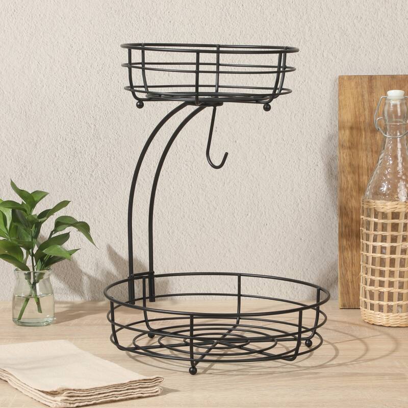 Gibson Home Fruit Basket Bowl with Banana Hanger - Black Metal Wire & Rubberwood Base - Countertop Produce Stand for Fruits