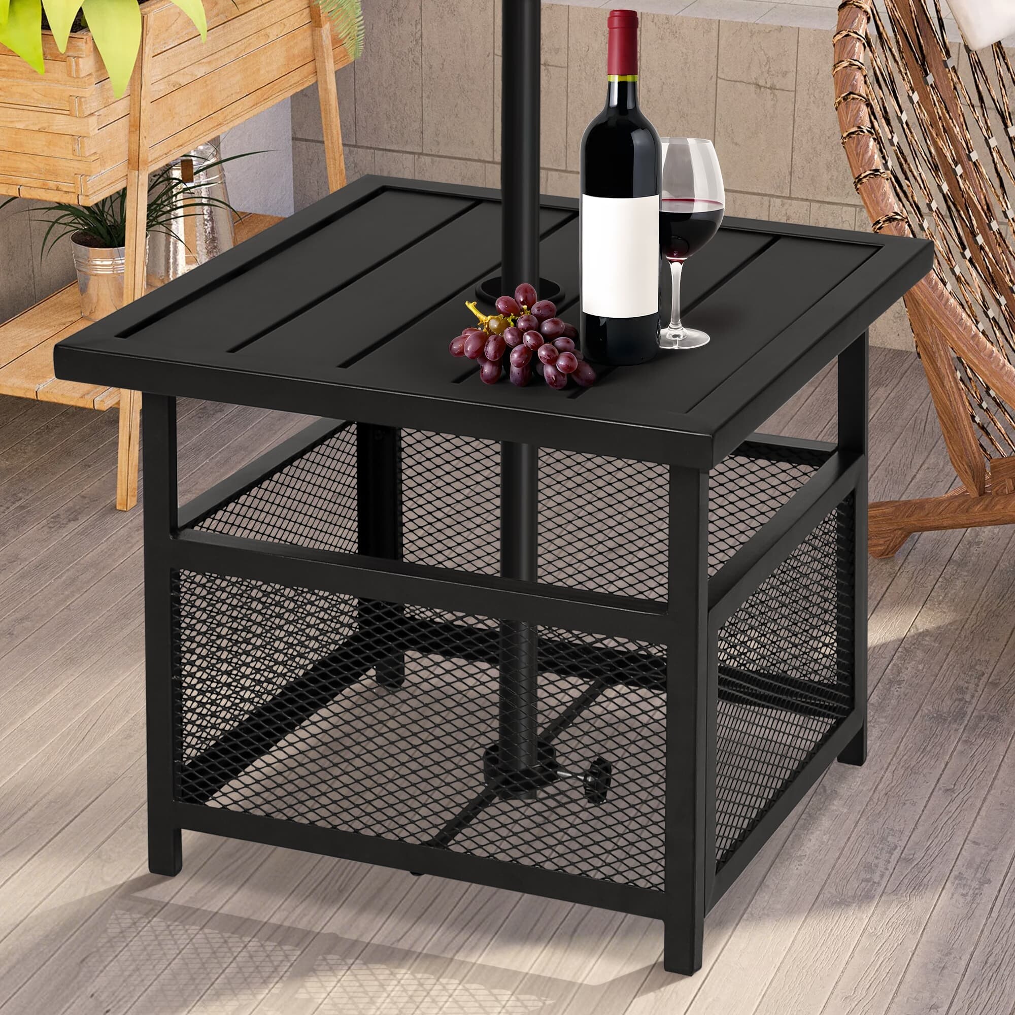 Outdoor Patio Side Table with Umbrella Hole, Small Square Steel