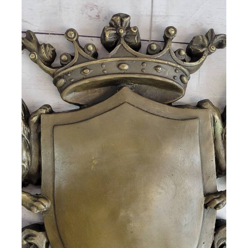 Coat Of Arms Family Crest Lions Crown Bronze Wall Mounted Hanging Sculpture 13 Inches X 16 Inches