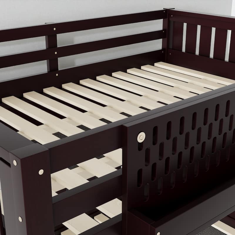 Queen over Queen Bunk Bed with Ladder, Guardrails, Pegboard Storage & Built-In Bookshelf, Solid Wood Frame