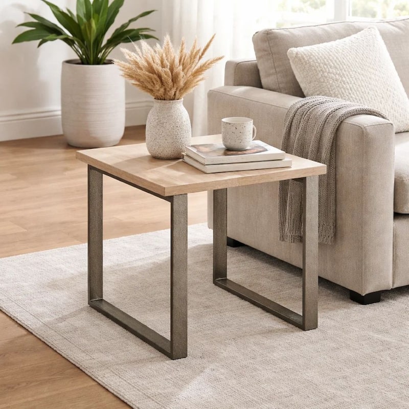 24 Inch Side End Table, Stone Tabletop, Metal Sled Base, Bronze