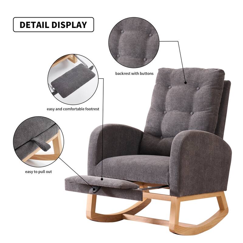 Gray Accent Rocking Chair with Footrest Rubber Wood Rocking Legs
