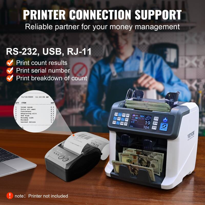VEVOR Money Counter Machine, Bill Counter with UV, MG, IR and DD Counterfeit Detection - White