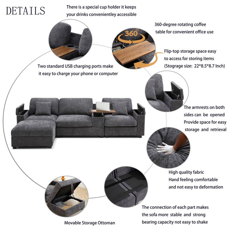 120.3" L-Shaped Sectional Sofa with Wide Seats, USB Charging, Foldable 360掳 Tray, Cup Holders, Storage Ottoman & Armrest