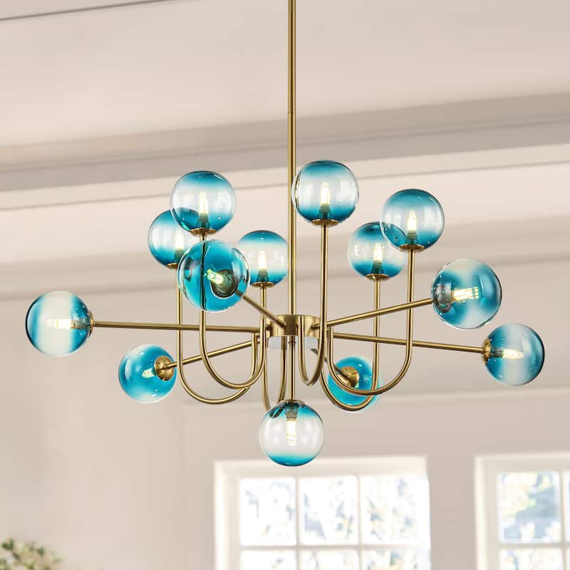 13-Light Mid-Century Modern Gold/Black Linear Sputnik Gradient Blue Glass Globe Bubble Chandelier for Living Room