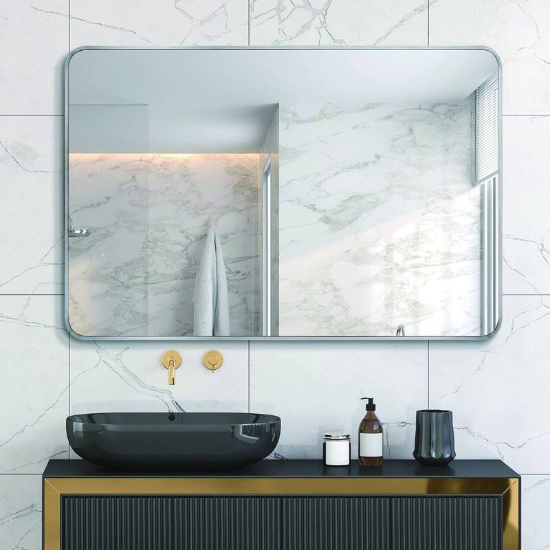 30x40 Inch Metal Framed Rectangular Rectangular Bathrrom Mirror - Silver