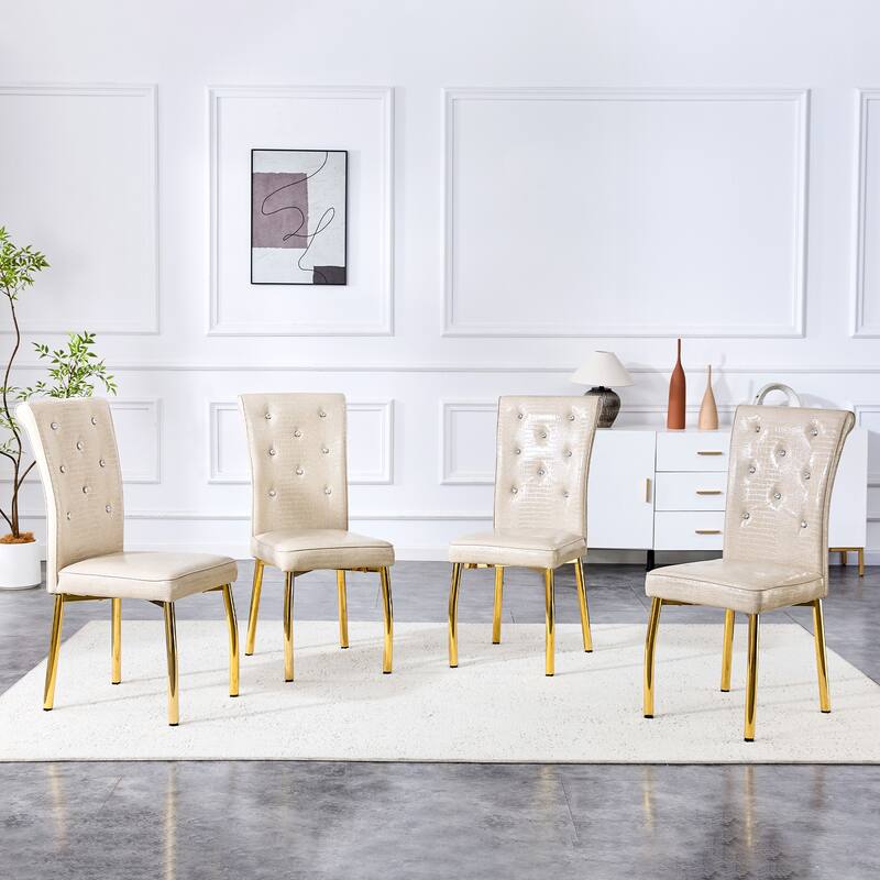 A set of 2 vintage crocodile leather cushioned dining chairs, featuring crystal clasp design and artificial leather design