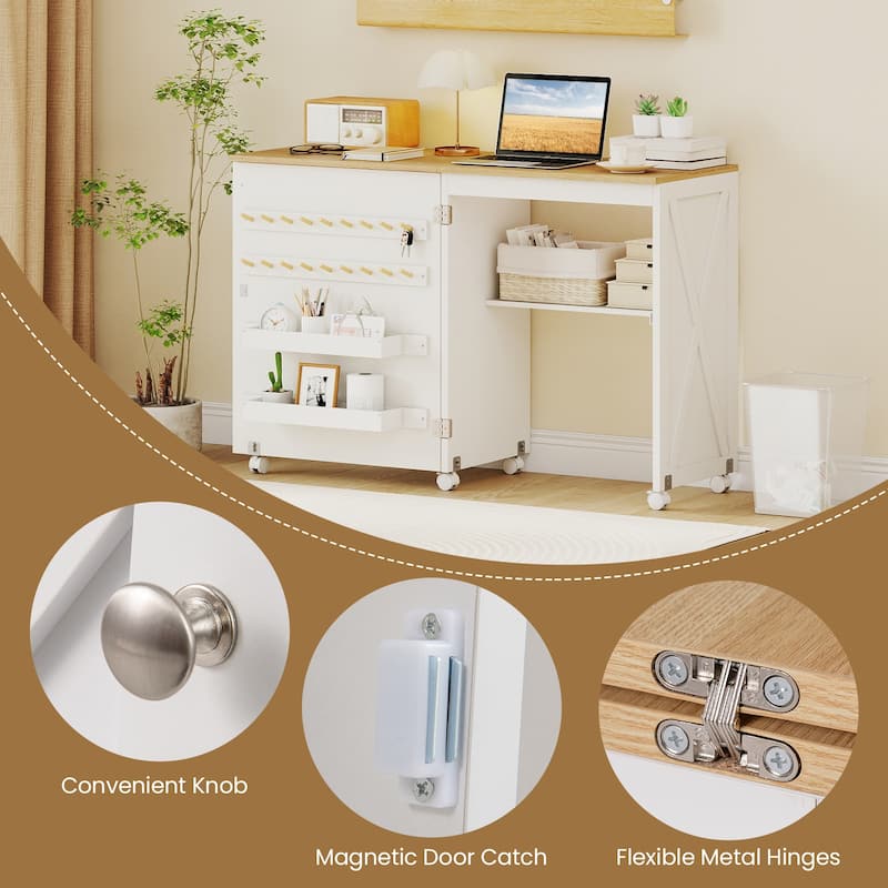 Gymax Folding Sewing Table w/ Compact Design Storage Shelf 2 Trays and