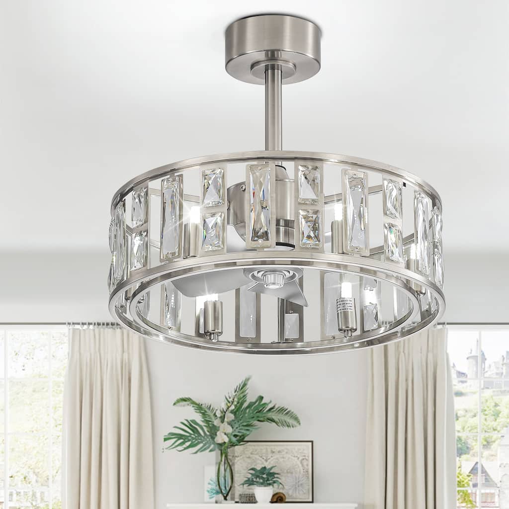 20" Caged Ceiling Fan with Crystal Light Remote Control, Bladeless Chandelier - 20 Inch