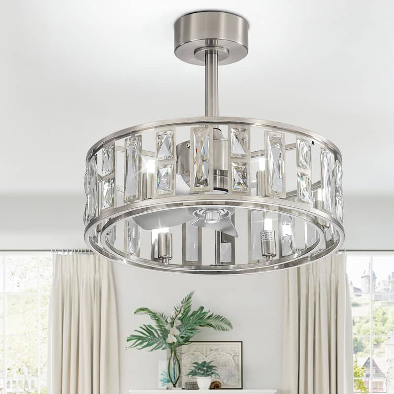 20" Caged Ceiling Fan with Crystal Light Remote Control, Bladeless Chandelier - 20 Inch - 20 Inch - Satin Nickel - Remote
