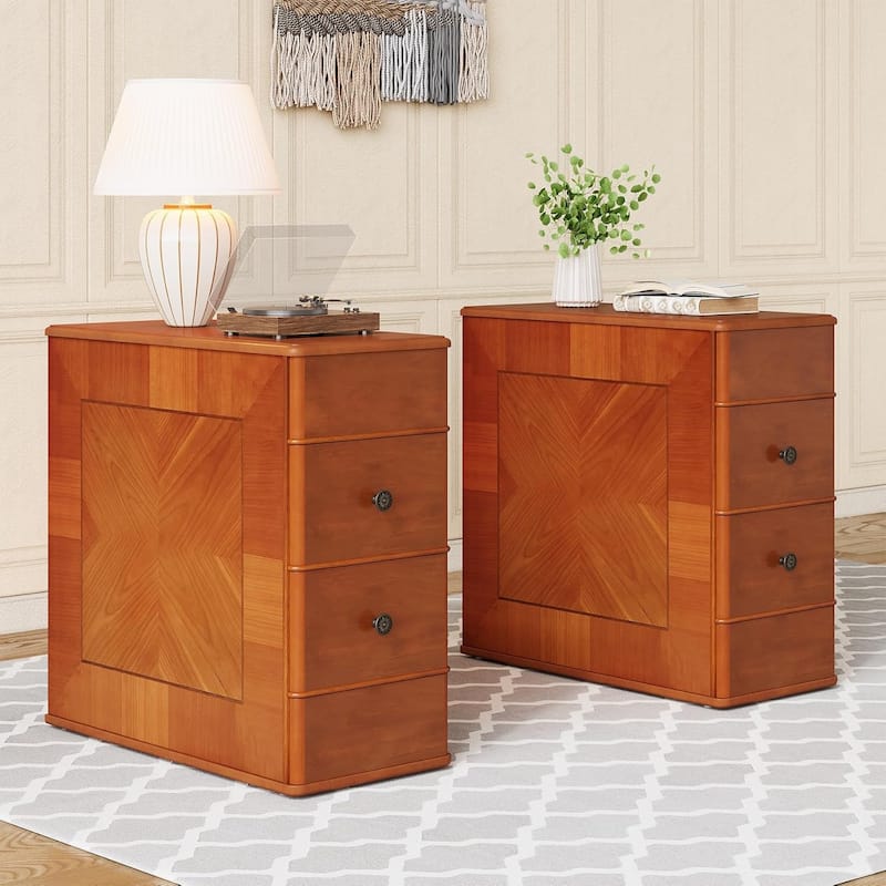 Vintage End Side Table with 2 Drawers, Bedside Nightstand