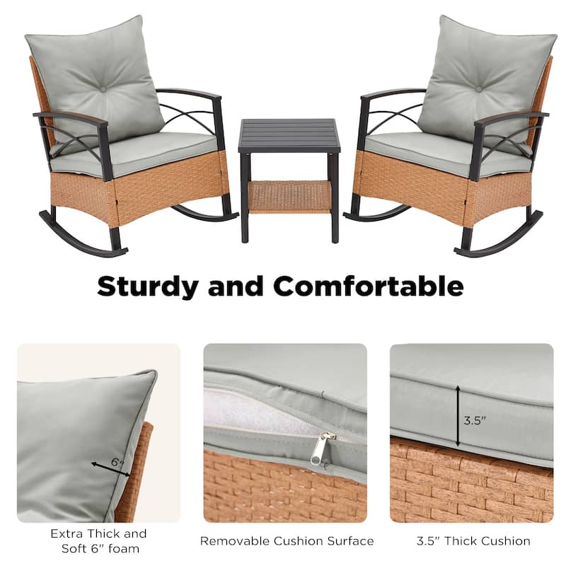 3-Piece Outdoor Rocking/Swivel Chair Set - PE Rattan Patio Furniture with Cushions & Coffee Table, Rocker Chairs for Backyard