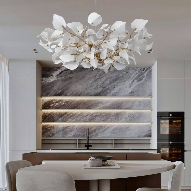 KAYLA 31.5" 6-Light Luxury Gold Round Chandelier, Modern Ceramic Leaf Branch