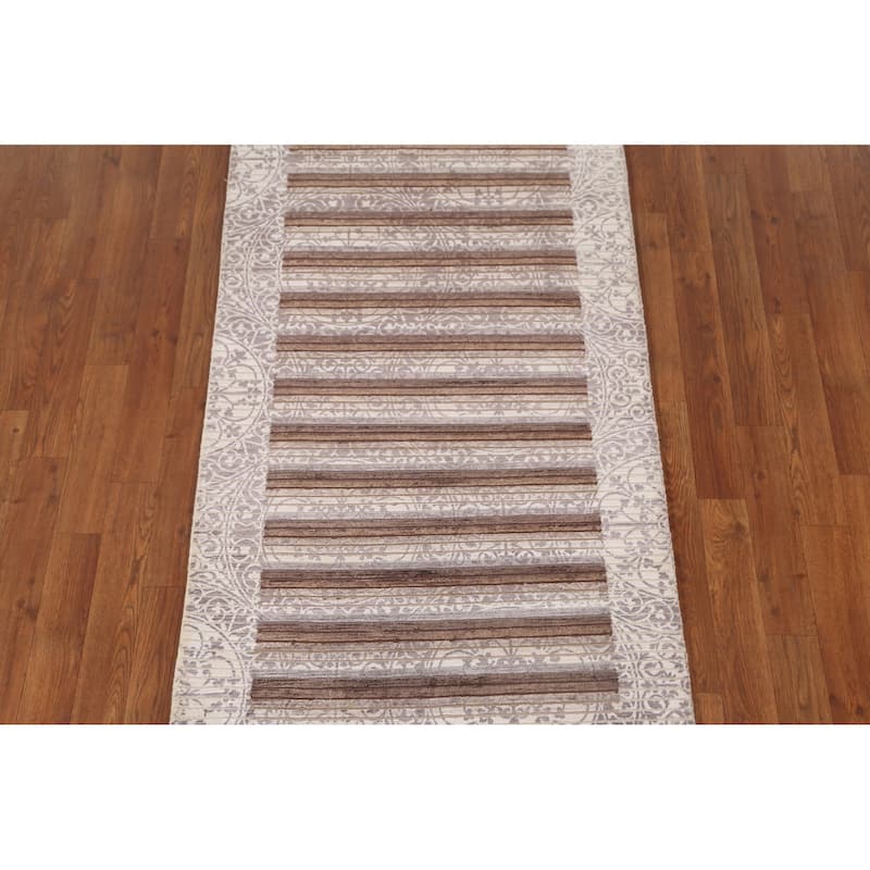 Beige Striped Abstract Accent Rug Handmade Oriental Wool Carpet - 2'9"x 5'0"
