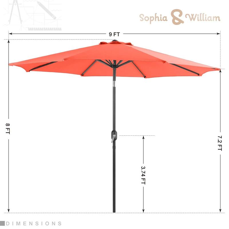 Sophia & William 9ft Outdoor Patio Umbrella with Push-button Tilt, Market Umbrella with 8 Ribs