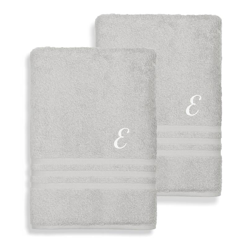 Authentic Hotel and Spa Omni Turkish Cotton Terry Set of 2 Grey Bath Towels with White Script Monogrammed Initial - E