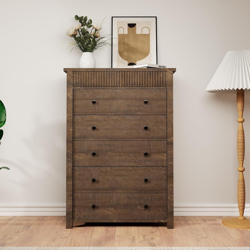 Modern Fluted 5 Drawer Dresser, Chest of Drawers for Bedroom, Living Room, Hallway - Brown