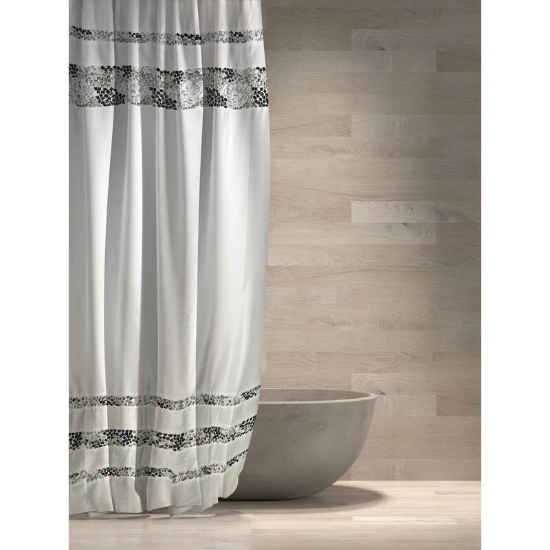 Spa Tile White Soft Fabric Shower Curtain with Multicolor Embroidered Tile Bands - 72"x84" - Black