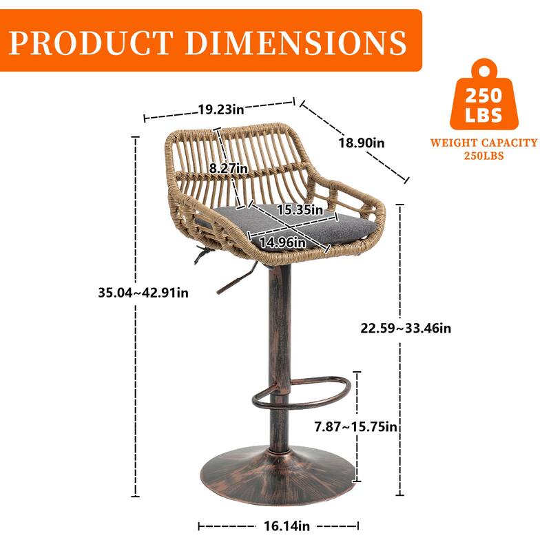 Plastic Rattan Linen Swivel Adjustable Height Bar Stools With Footrest(set of 2)