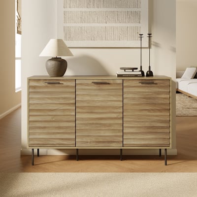 Mid-Century Modern Wave 3-Door 55.1-Inch Wide Kitchen Sideboard Cabinet with Metal Legs - 33.9" H x 55.1" W x 15.7" D