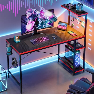 Bestier 44 in. Rectangular Gaming Desk with 4 Tier Storage Shelves Computer Desk with RGB LED Lights