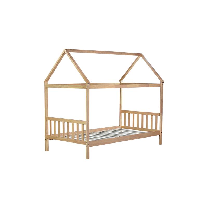 House-Shaped Twin Bed with Headboard & Footboard, Rubber Wood Frame, White Oak Finish