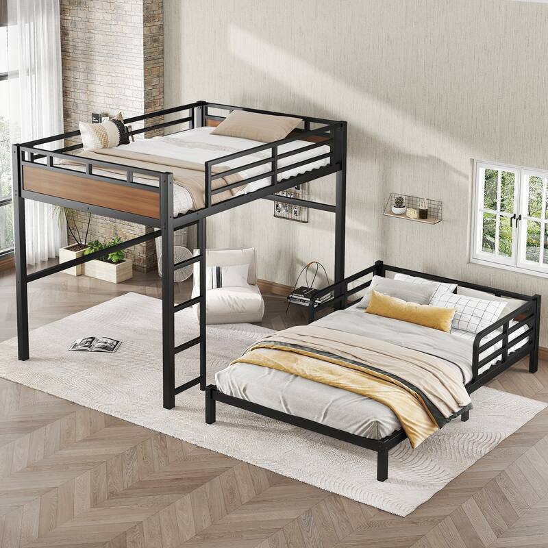 Full over Full Metal Bunk Bed with Security Fence, Walnut, Separable, Space-Saving Design