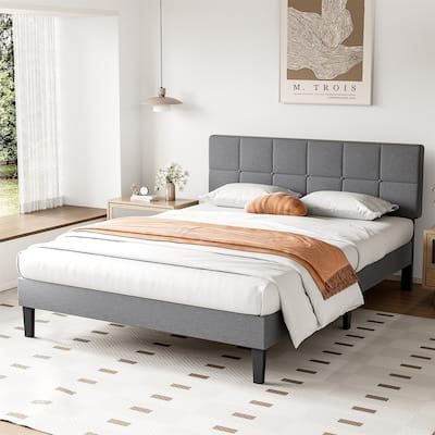 Queen Size Platform Bed Frame with Fabric Upholstered Headboard and Wooden Slats Support, No Box Spring Needed/Easy Assembly