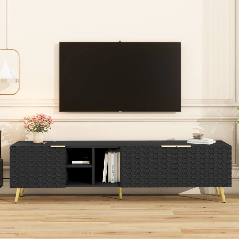 71" Minimalist TV Cabinet with Geometric Honeycomb Pattern - Gold Accents, Cable Management, Storage