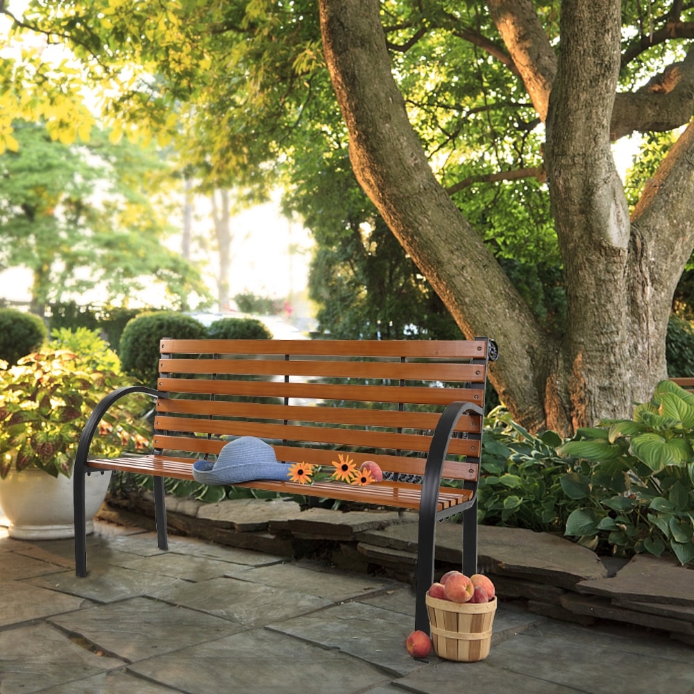 48" Hardwood Slotted Steel Cast Iron Frame Outdoor Patio Garden Bench Park Seat - Black & Natural