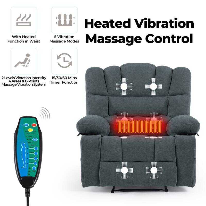 Massage Recliner Chair, Breathable Fabric Ergonomic Single Sofa Chair with Heat and Vibration and Cup Holders & Side Pockets