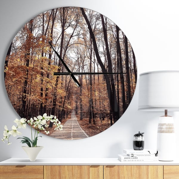 slide 2 of 10, Designart 'Road in Autumn Golden Forest' Oversized Traditional Wall CLock 23 in. wide x 23 in. high