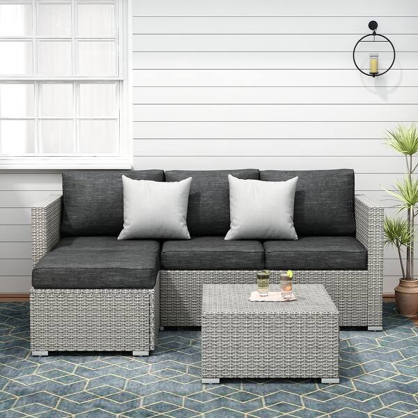 slide 1 of 11, Cushioned Grey All-weather Wicker 3-piece Patio Sectional Chat Set Black