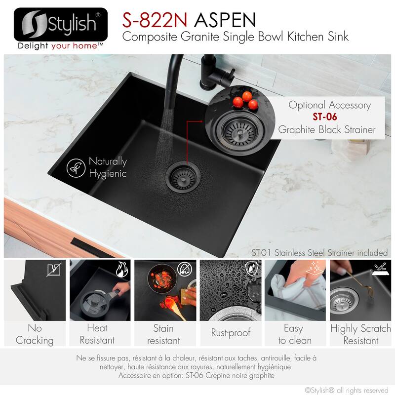 Dual mount 22 inch Black Composite Granite Single Bowl Kitchen Sink