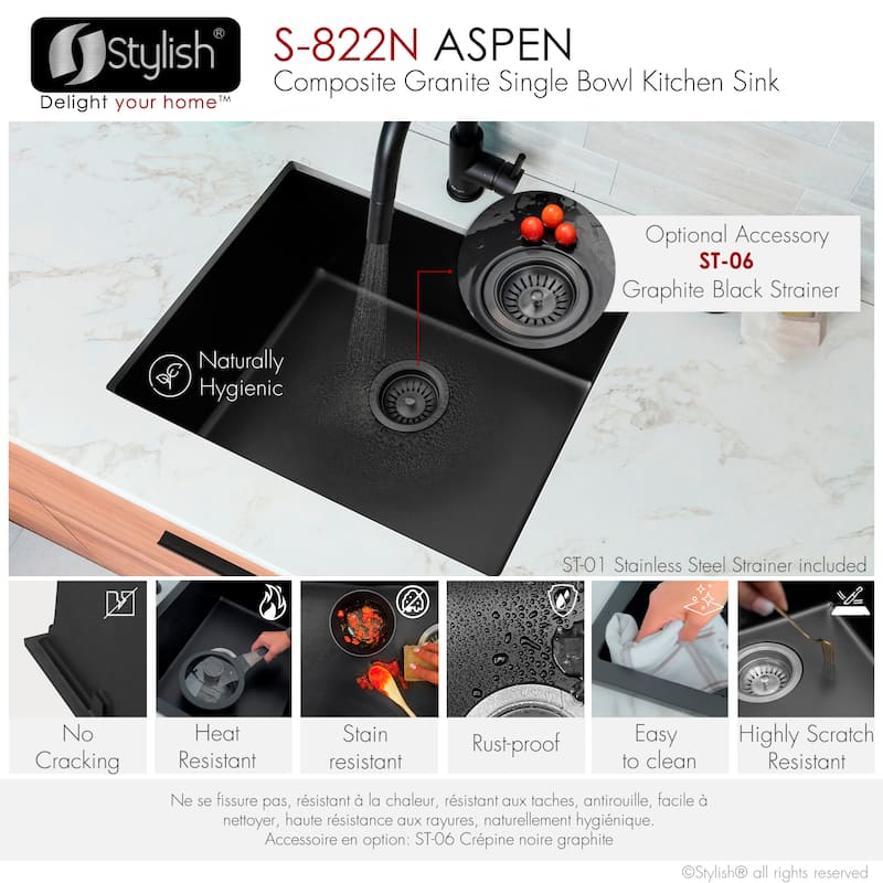 STYLISH Dual Mount 22" Single Bowl Composite Granite Kitchen Sink - 22" x 17.5" x 8.25"
