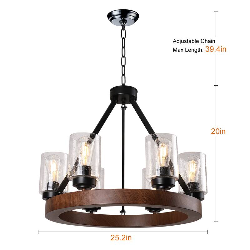 25.2-Inch Modern Farmhouse Chandelier for Dining Room, Black Rustic 6-Light Fixture with Clear Glass Shades