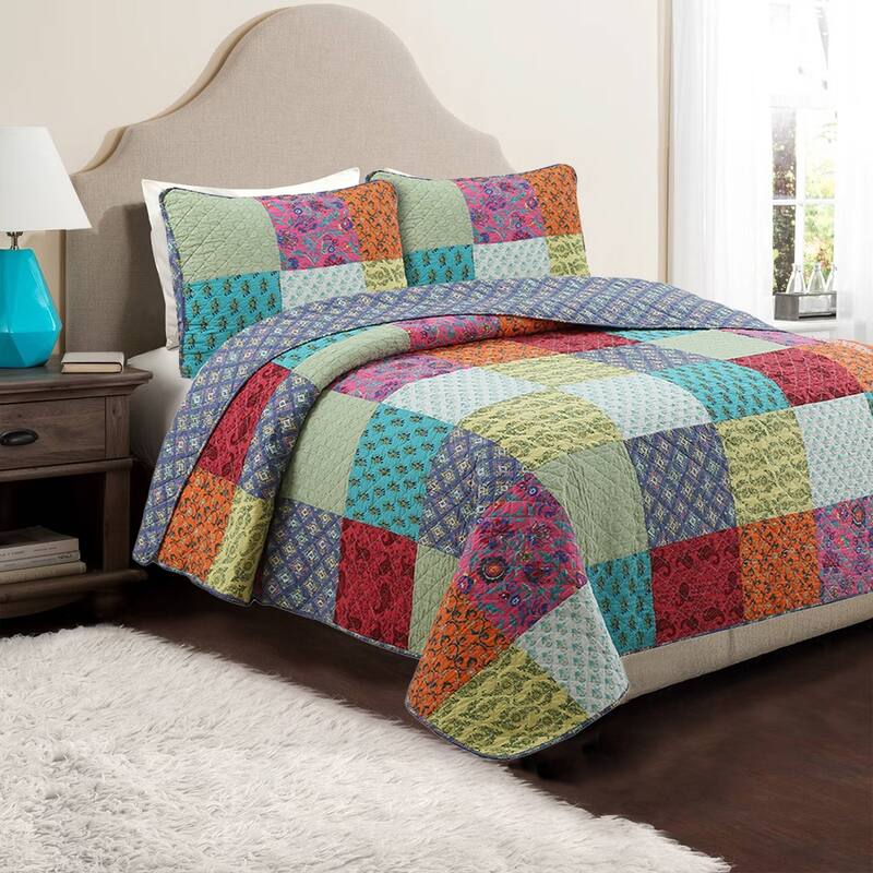 Cozy Line Bright Bold Boho Floral Patchwork 3 Piece Cotton Quilt Bedding Set