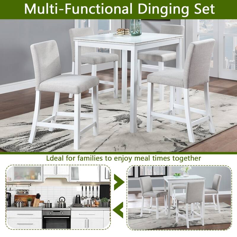 GDFStudio - Hamilton 5-Piece Classic Crystal Design Wooden Counter Height Dining Table Set with 4 Upholstered Chairs