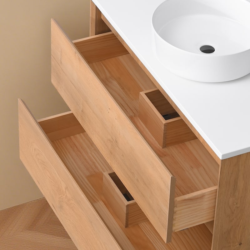 Sylphar 36 inch Toffee Oak Floating Bathroom Vanity with White Quartz Top