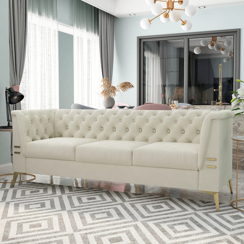 Velvet Upholstered 3-Seater Sofa Modern Living Room Couch Sofa with Deep Button Tufting Sofa and Metal Legs, Square Arms