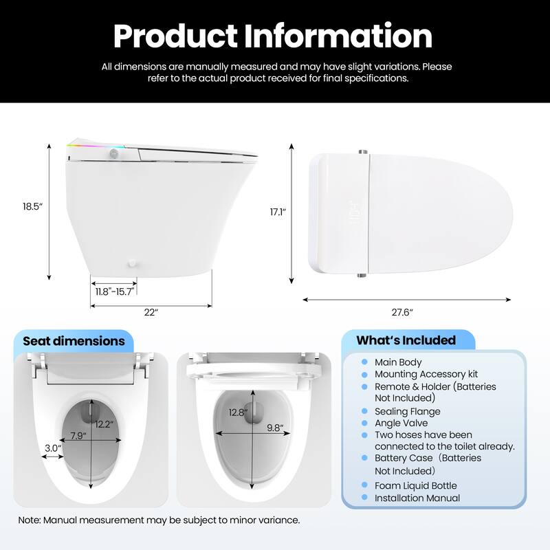 Zarautz Elongated Smart Bidet Toilet Combo with Clean Foam Shield Splash Proof, Heated Seat, Dryer & Foot/Remote Flush