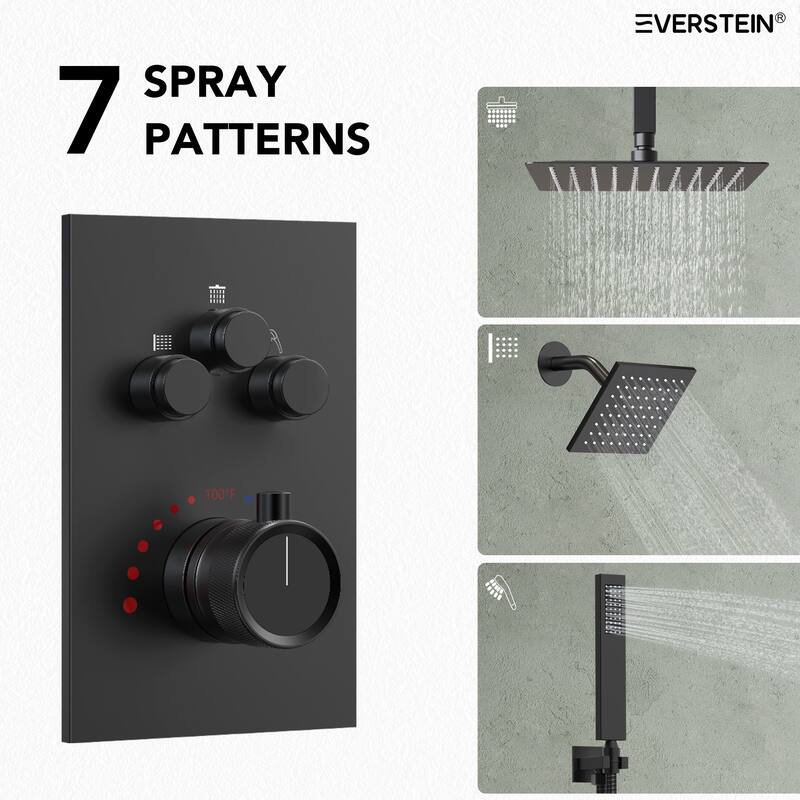 2 Pack Dual Heads 12" Rainfall & High Pressure 6" Shower System with 3 Way Thermostatic Faucet