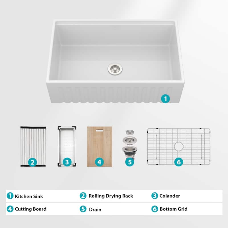 33" White Farmhouse Sink Workstation - 33 x 20 x 10 inch White Ceramic Porcelain Single Bowl Apron Front Kitchen Sink