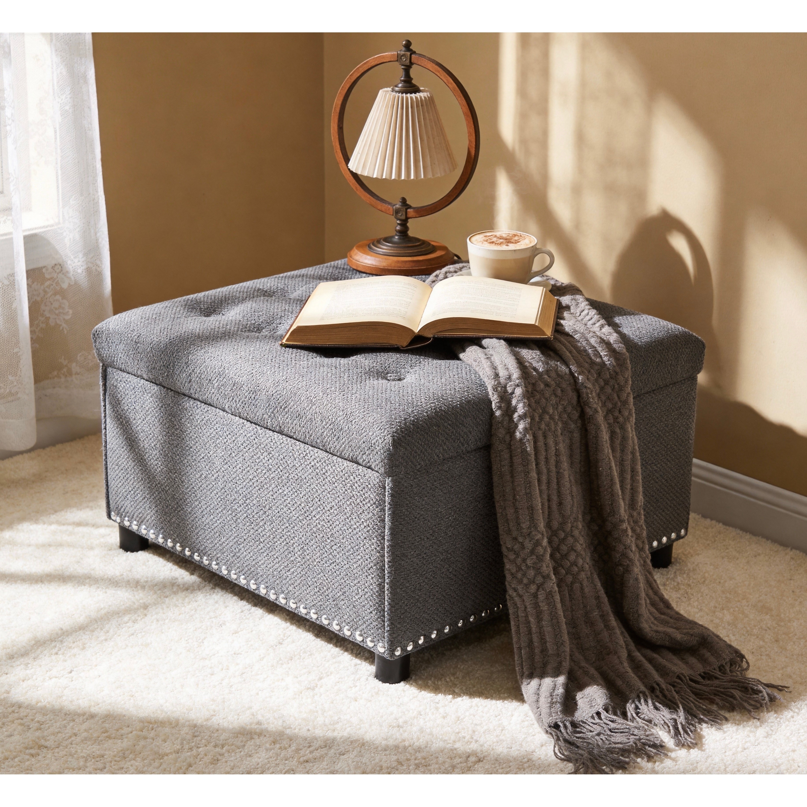 Square Tufted Upholstered Storage Ottoman with Nailhead Trim