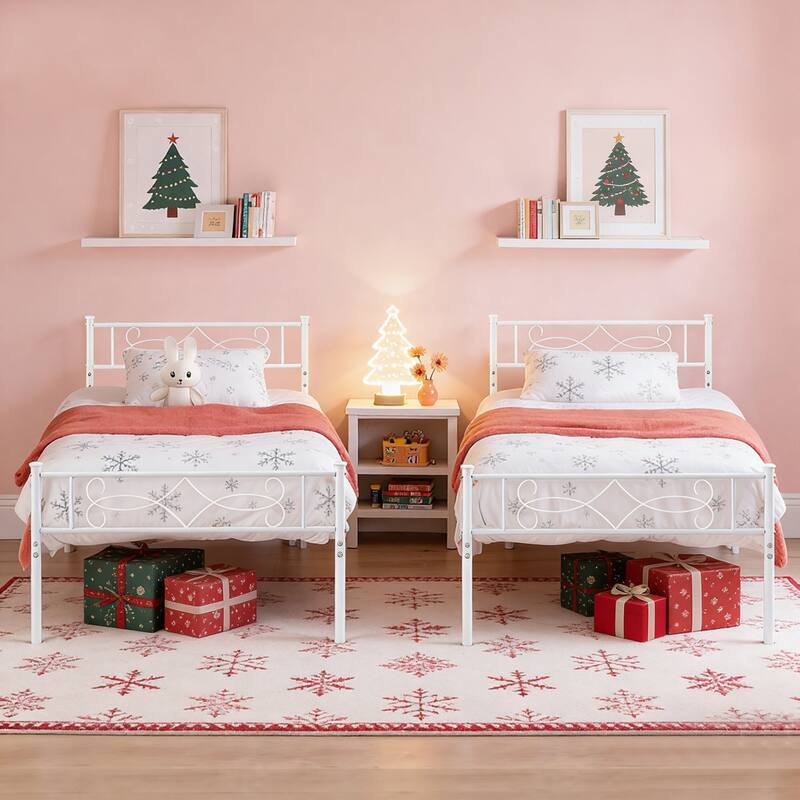 VECELO Twin Size Bed Frame Set of 2 with Headboard 14 Inch Metal Platform Mattress Foundation Kids Bed Set of 2 - White