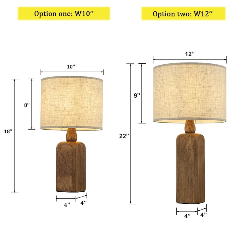 Farmhouse Traditional Natural Brown Solid Wood Base Table Lamp with Beige Fabric Shade for Bedroom Living Room（Set of 2)