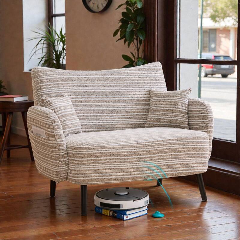 Modern Boucle 2-Seater Sofa with Storage Pockets, Deep-Seated Small Couch with Armrest Pillows for Apartments