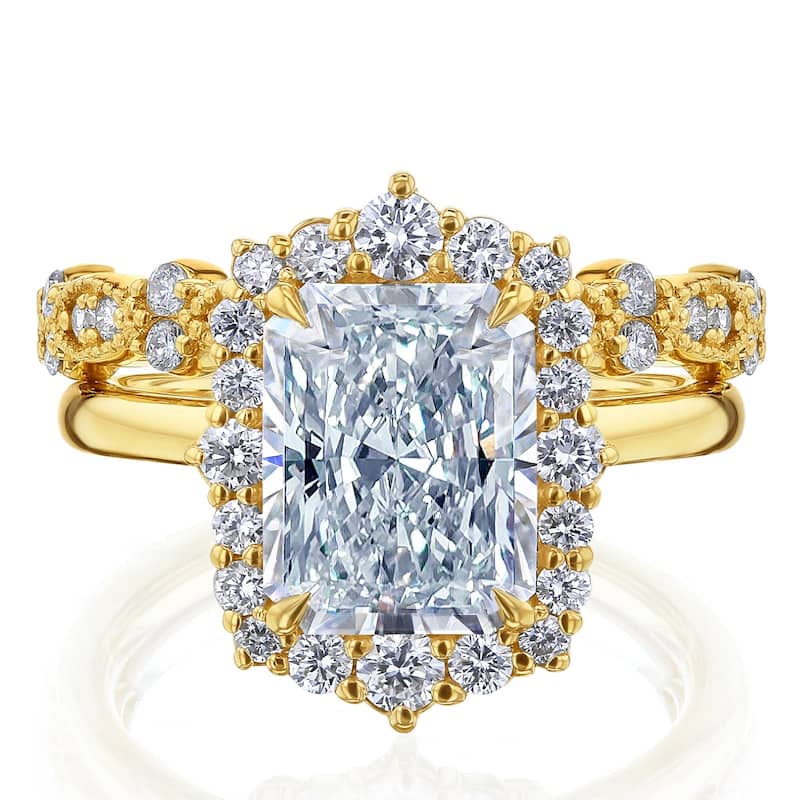 Kobelli 3.1 Carats Radiant Diamond 14k Solid Gold Rococo Halo Vintage Style Raen Bridal Rings 2pc Set (DEF/VS, Certified) - 6.5 - Yellow