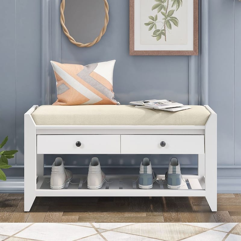 39" Modern Versatile Entry Upholstered Storage Bench with Shoe Rack and Drawers