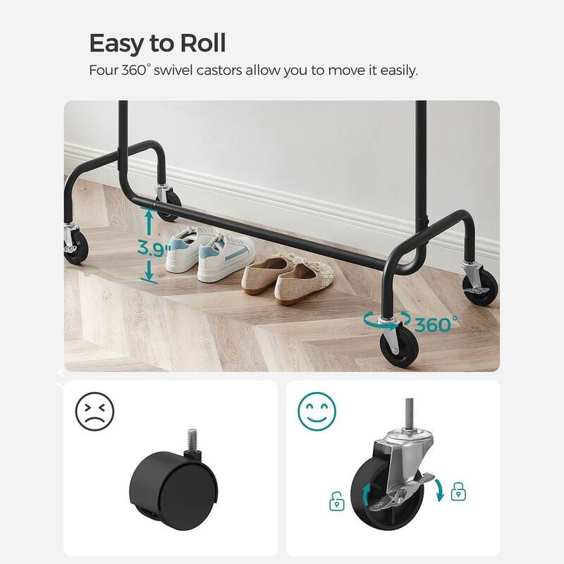 Rolling Clothes Rack with Sturdy Steel Tubes and Extra Load Capacity 2 Lockable Casters - 43.3" x 17.7" x 63"